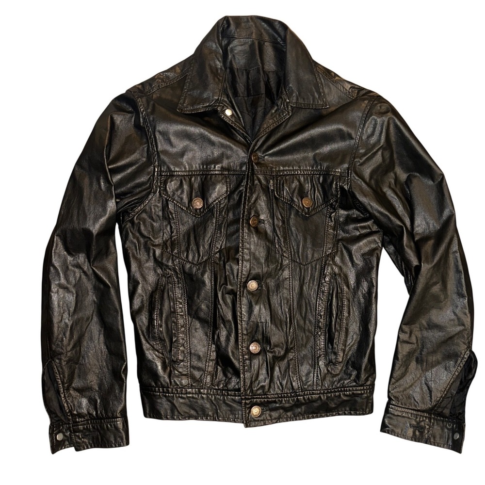 Levis Vintage Black Leather Trucker Jacket Type III Style Black Tab Coat